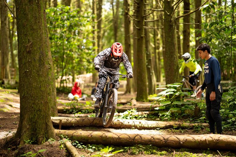Rider sobre troncos y obstáculos